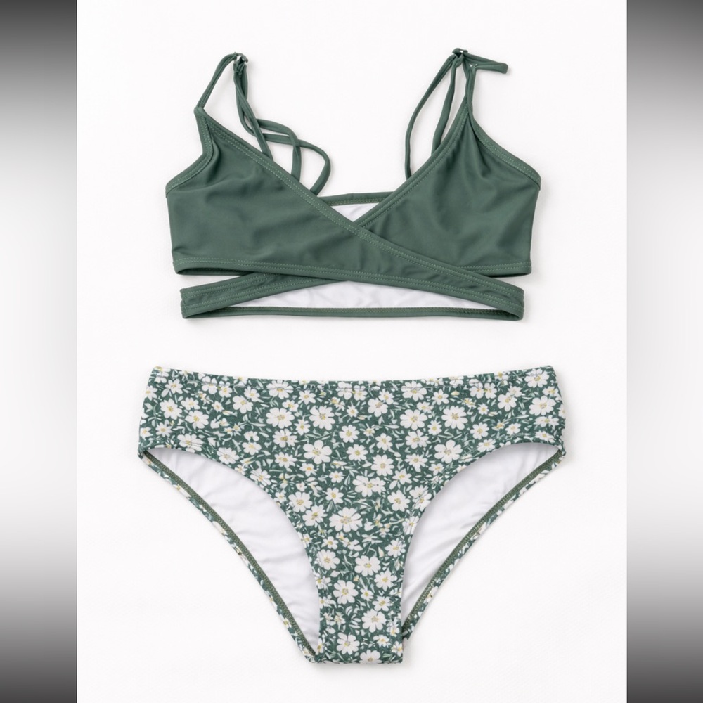 Girls Size 8 Green Floral Bikini Set Crisscross Top 2-Piece Swimsuit